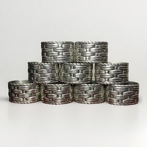 Pierre Deux Vintage Pewter Napkin Rings Basket Weave Oval Lead Free Set of 8 +